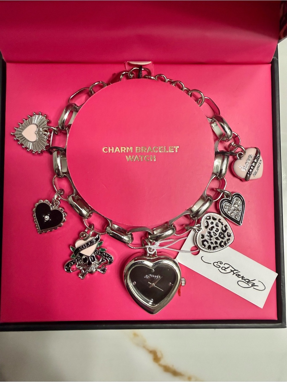 Ed Hardy Silver Heart Charm Bracelet Watch with Pink Accents